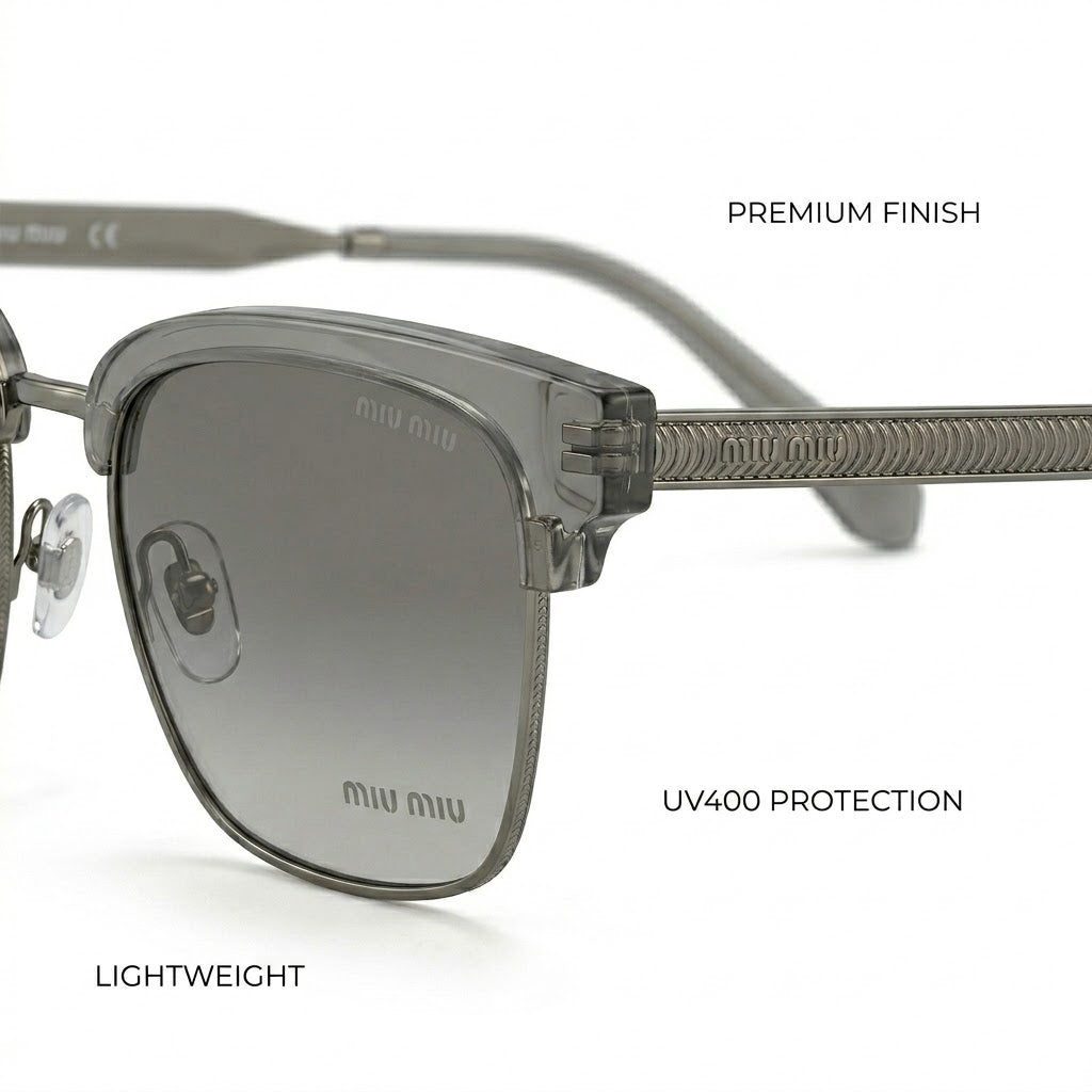 Close-up of 7A quality grey acetate finish on Miu Miu 110.